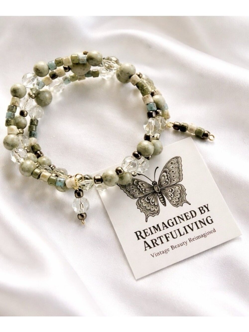 REIMAGINED Memory Wrap Bracelet Green Stone Glass Beads Adjustable Boho Nature